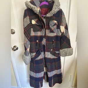 1970s Plaid Wool Coat with Faux Fur Trim